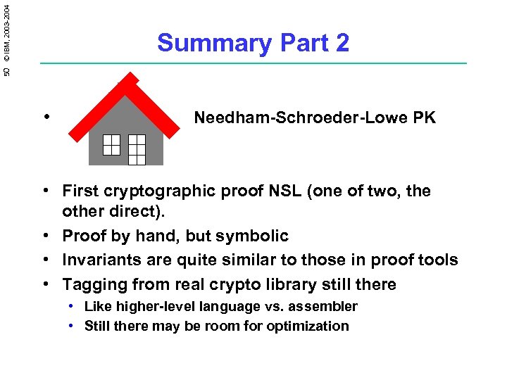 50 © IBM, 2003 -2004 Summary Part 2 • Needham-Schroeder-Lowe PK • First cryptographic