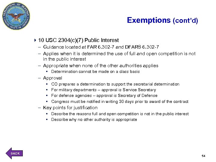 Exemptions (cont’d) 410 USC 2304(c)(7) Public Interest – Guidance located at FAR 6. 302