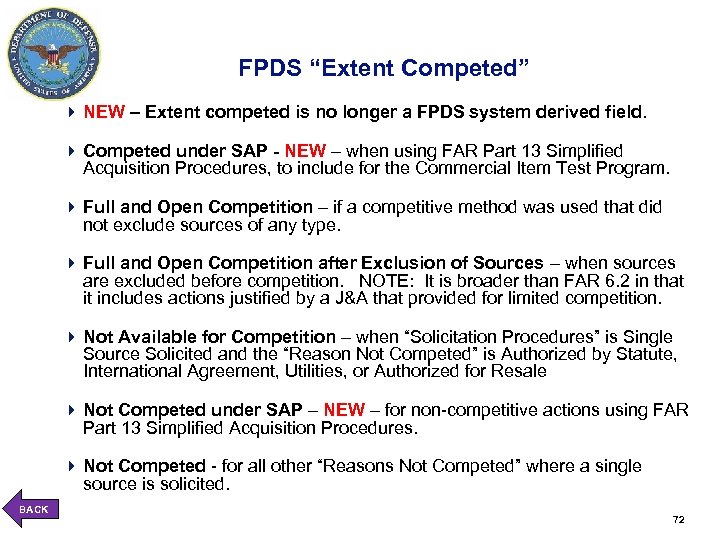 FPDS “Extent Competed” 4 NEW – Extent competed is no longer a FPDS system