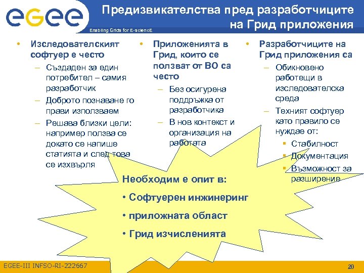 Предизвикателства пред разработчиците на Грид приложения Enabling Grids for E-scienc. E • • Изследователският