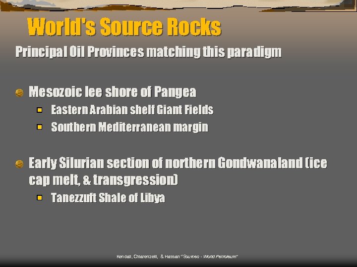 World's Source Rocks Principal Oil Provinces matching this paradigm Mesozoic lee shore of Pangea