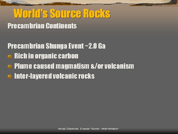 World's Source Rocks Precambrian Continents Precambrian Shunga Event ~2. 0 Ga Rich in organic