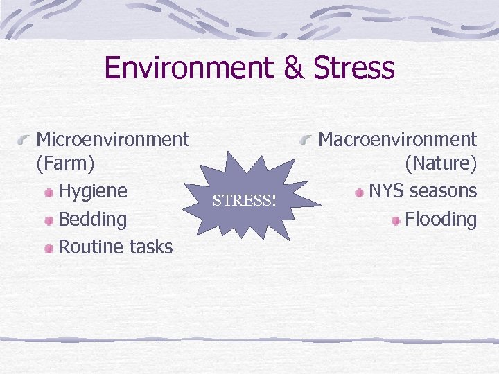 Environment & Stress Microenvironment (Farm) Hygiene Bedding Routine tasks STRESS! Macroenvironment (Nature) NYS seasons