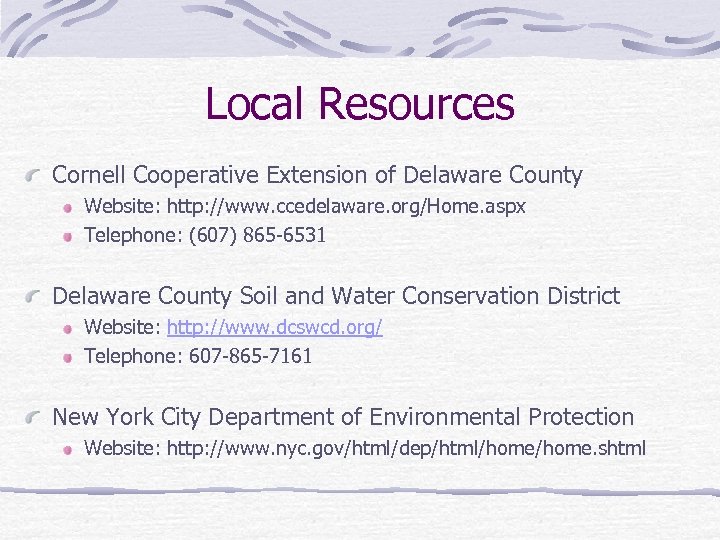 Local Resources Cornell Cooperative Extension of Delaware County Website: http: //www. ccedelaware. org/Home. aspx