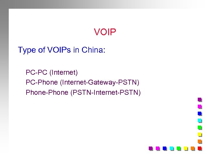 VOIP Type of VOIPs in China: PC-PC (Internet) PC-Phone (Internet-Gateway-PSTN) Phone-Phone (PSTN-Internet-PSTN) 