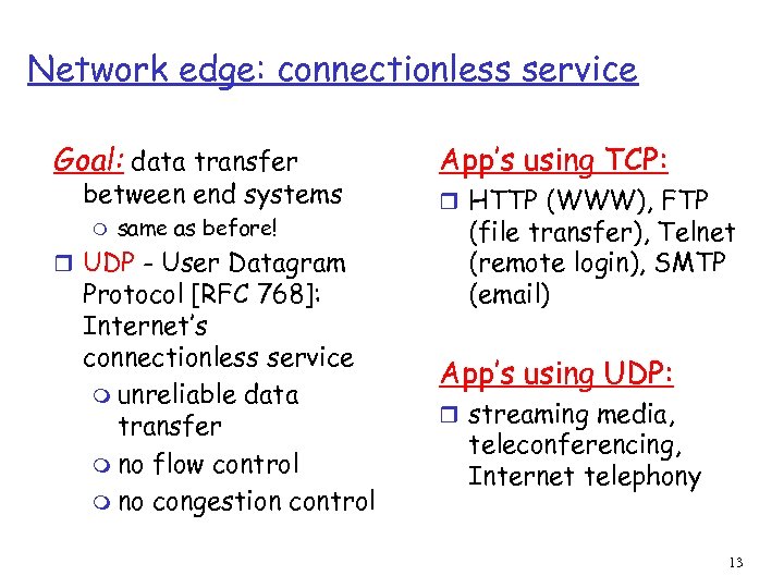 Network edge: connectionless service Goal: data transfer between end systems m same as before!