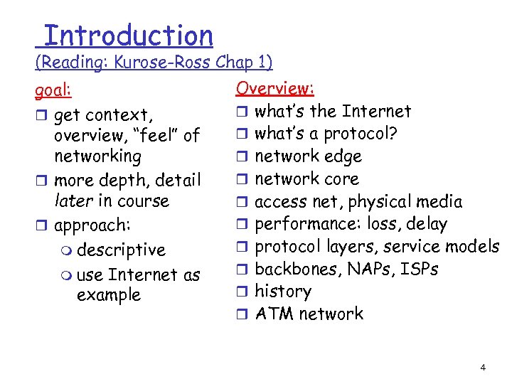 Introduction (Reading: Kurose-Ross Chap 1) goal: r get context, overview, “feel” of networking r