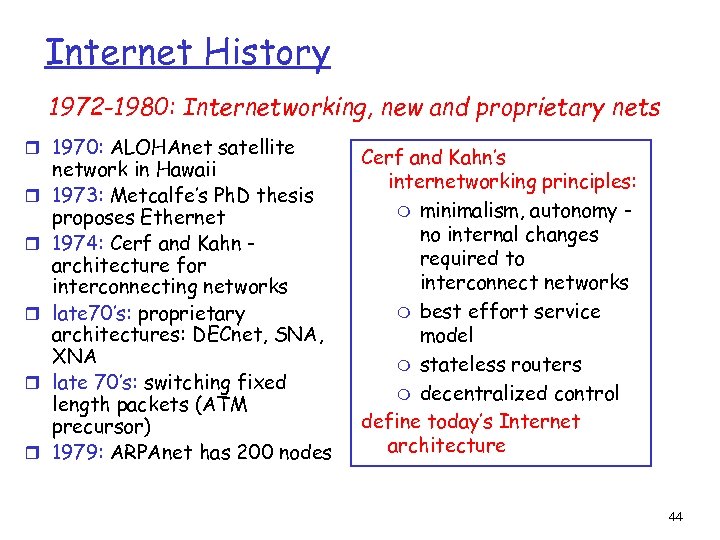 Internet History 1972 -1980: Internetworking, new and proprietary nets r 1970: ALOHAnet satellite r