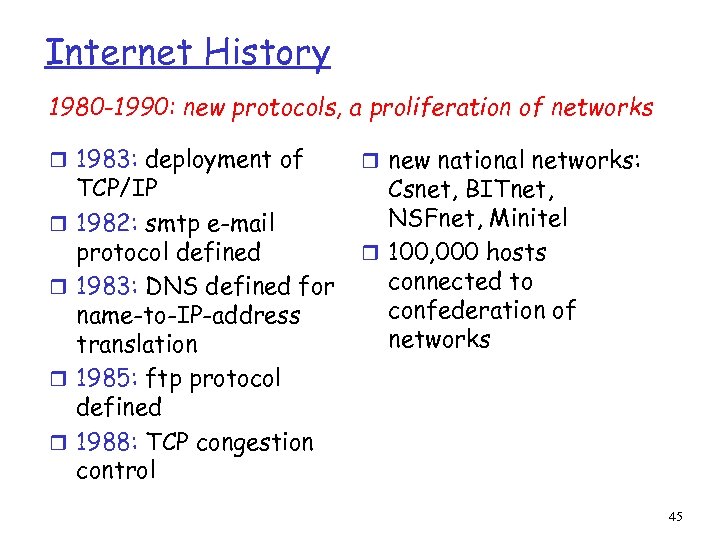 Internet History 1980 -1990: new protocols, a proliferation of networks r 1983: deployment of