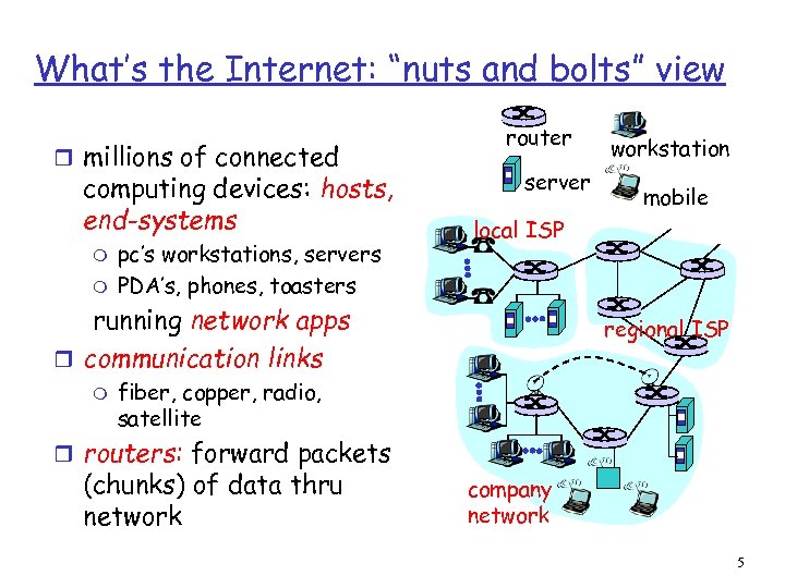 What’s the Internet: “nuts and bolts” view r millions of connected computing devices: hosts,