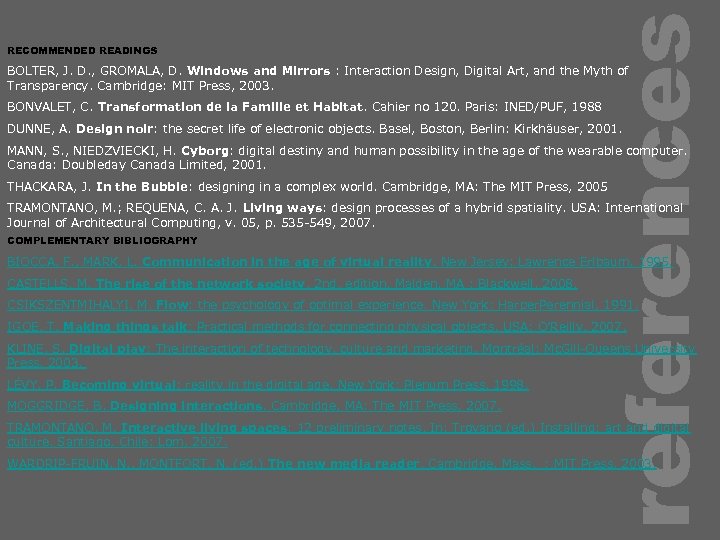 references RECOMMENDED READINGS BOLTER, J. D. , GROMALA, D. Windows and Mirrors : Interaction
