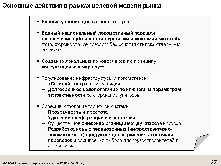 Основные действия в рамках целевой модели рынка ▪ Равные условия для вагонного парка ▪