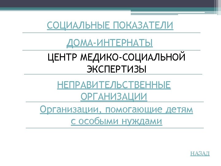 СОЦИАЛЬНЫЕ ПОКАЗАТЕЛИ ДОМА-ИНТЕРНАТЫ ЦЕНТР МЕДИКО-СОЦИАЛЬНОЙ ЭКСПЕРТИЗЫ НЕПРАВИТЕЛЬСТВЕННЫЕ ОРГАНИЗАЦИИ Организации, помогающие детям с особыми нуждами