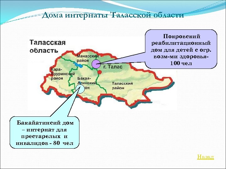 Дома интернаты Таласской области Покровский реабилитационный дом для детей с огр. возм-ми здоровья 100