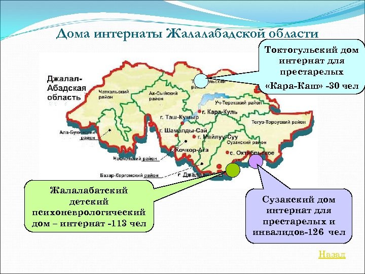 Дома интернаты Жалалабадской области Токтогульский дом интернат для престарелых «Кара-Каш» -30 чел Жалалабатский детский