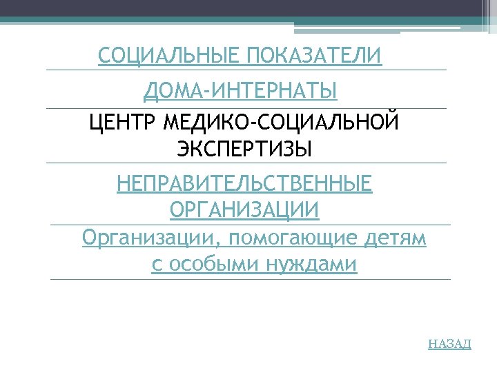 СОЦИАЛЬНЫЕ ПОКАЗАТЕЛИ ДОМА-ИНТЕРНАТЫ ЦЕНТР МЕДИКО-СОЦИАЛЬНОЙ ЭКСПЕРТИЗЫ НЕПРАВИТЕЛЬСТВЕННЫЕ ОРГАНИЗАЦИИ Организации, помогающие детям с особыми нуждами