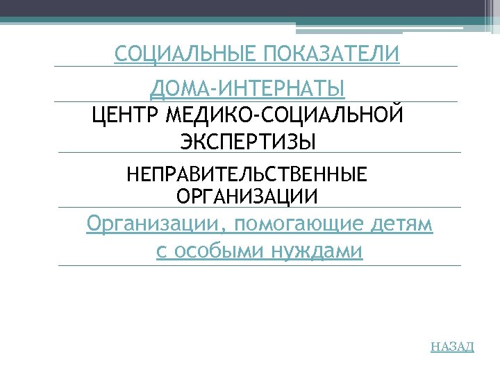 СОЦИАЛЬНЫЕ ПОКАЗАТЕЛИ ДОМА-ИНТЕРНАТЫ ЦЕНТР МЕДИКО-СОЦИАЛЬНОЙ ЭКСПЕРТИЗЫ НЕПРАВИТЕЛЬСТВЕННЫЕ ОРГАНИЗАЦИИ Организации, помогающие детям с особыми нуждами