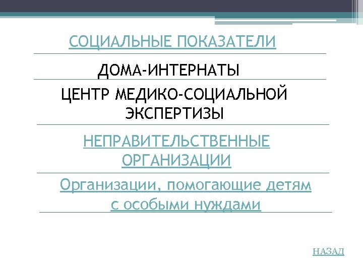 СОЦИАЛЬНЫЕ ПОКАЗАТЕЛИ ДОМА-ИНТЕРНАТЫ ЦЕНТР МЕДИКО-СОЦИАЛЬНОЙ ЭКСПЕРТИЗЫ НЕПРАВИТЕЛЬСТВЕННЫЕ ОРГАНИЗАЦИИ Организации, помогающие детям с особыми нуждами