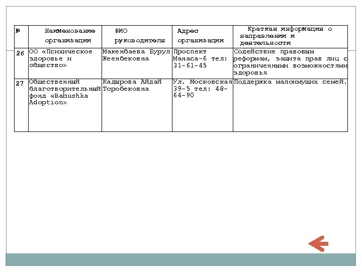 Краткая информация о направлении и деятельности Содействие правовым 26 ОО «Психическое Макенбаева Бурул Проспект