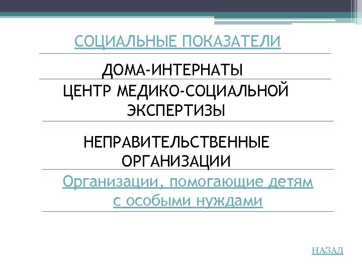 СОЦИАЛЬНЫЕ ПОКАЗАТЕЛИ ДОМА-ИНТЕРНАТЫ ЦЕНТР МЕДИКО-СОЦИАЛЬНОЙ ЭКСПЕРТИЗЫ НЕПРАВИТЕЛЬСТВЕННЫЕ ОРГАНИЗАЦИИ Организации, помогающие детям с особыми нуждами