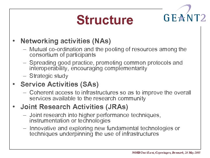 Structure • Networking activities (NAs) – Mutual co-ordination and the pooling of resources among