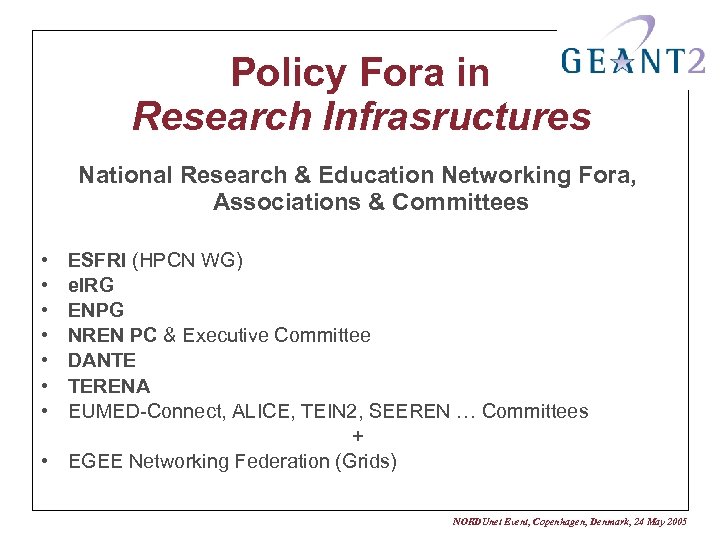 Policy Fora in Research Infrasructures National Research & Education Networking Fora, Associations & Committees