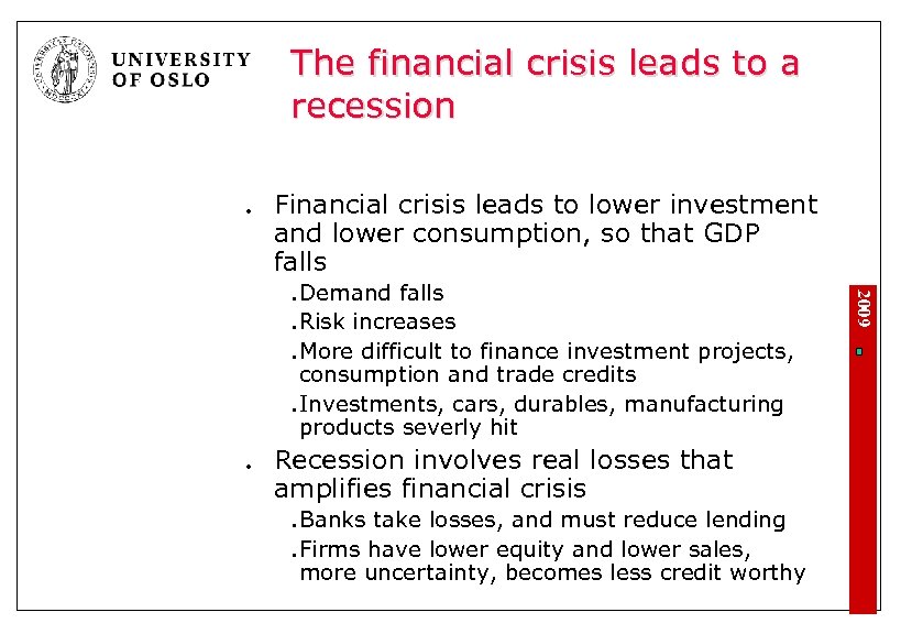 The financial crisis leads to a recession l Financial crisis leads to lower investment