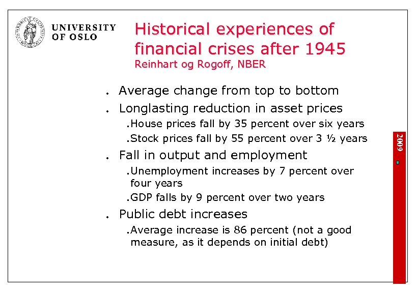 Historical experiences of financial crises after 1945 Reinhart og Rogoff, NBER l l Average