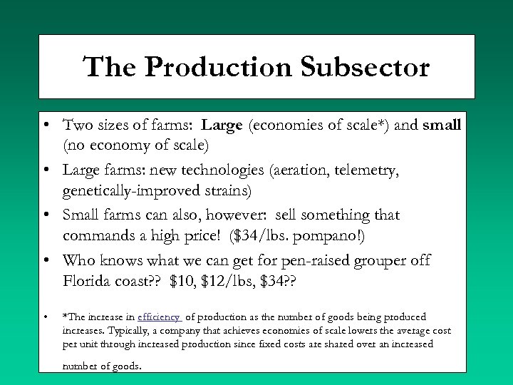 The Production Subsector • Two sizes of farms: Large (economies of scale*) and small