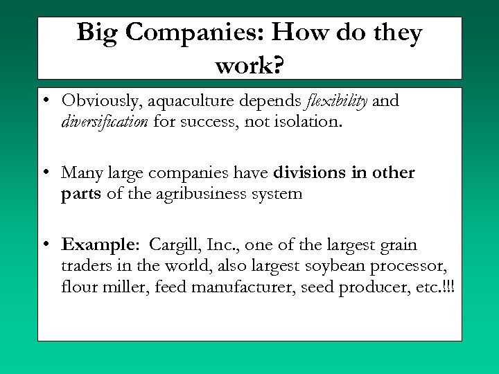 Big Companies: How do they work? • Obviously, aquaculture depends flexibility and diversification for
