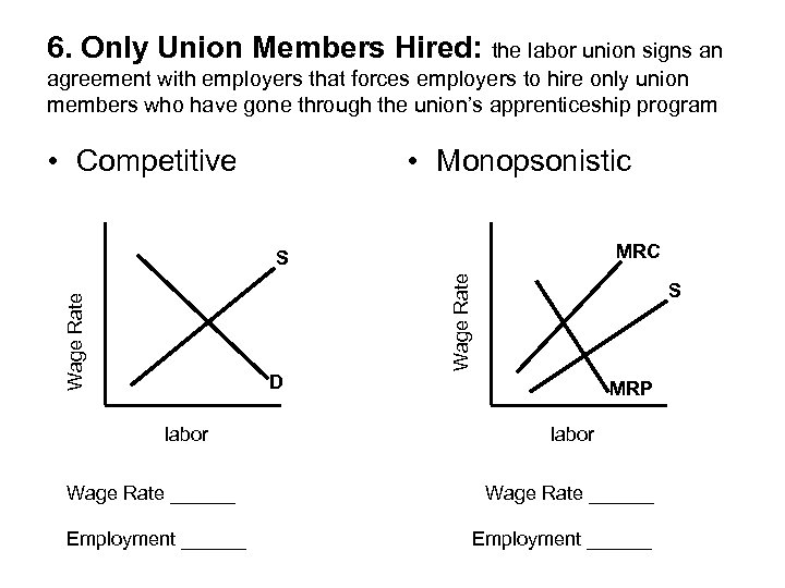 6. Only Union Members Hired: the labor union signs an agreement with employers that