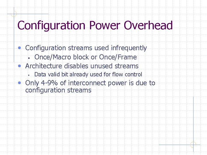 Configuration Power Overhead • Configuration streams used infrequently Once/Macro block or Once/Frame • Architecture