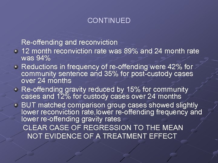 CONTINUED Re-offending and reconviction 12 month reconviction rate was 89% and 24 month rate