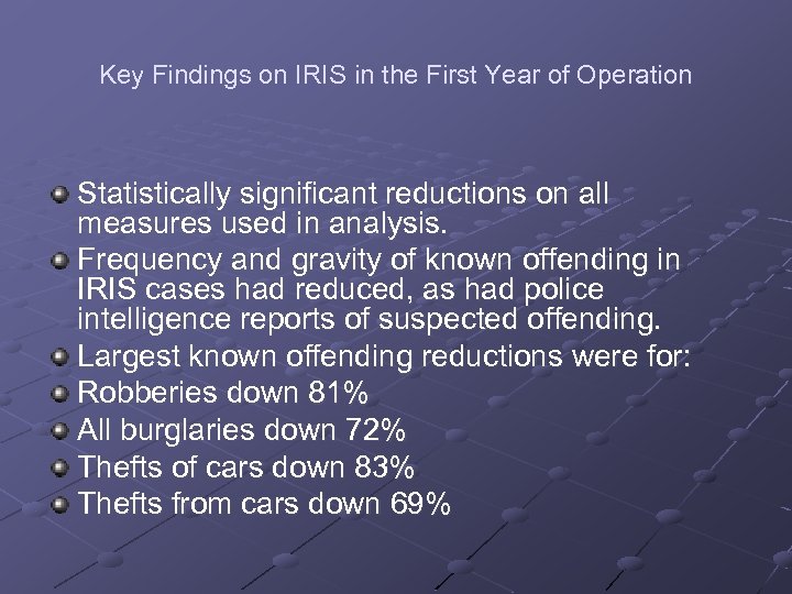 Key Findings on IRIS in the First Year of Operation Statistically significant reductions on