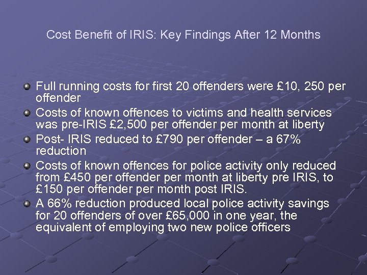 Cost Benefit of IRIS: Key Findings After 12 Months Full running costs for first