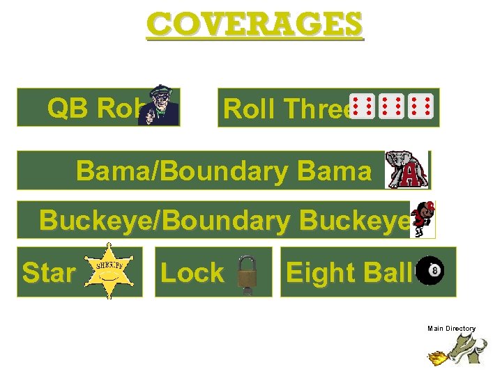 COVERAGES QB Rob Roll Three Bama/Boundary Bama Buckeye/Boundary Buckeye Star Lock Eight Ball Main
