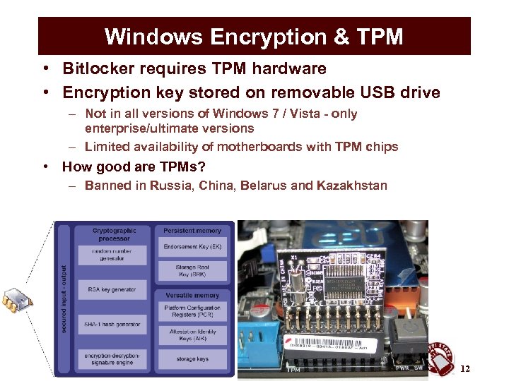 Windows Encryption & TPM • Bitlocker requires TPM hardware • Encryption key stored on