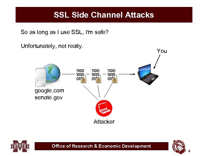 SSL Side Channel Attacks So as long as I use SSL, I'm safe? Unfortunately,