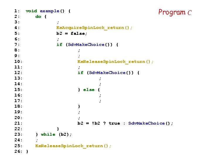 1: void example() { Program 2: do { 3: ; 4: Ke. Acquire. Spin.