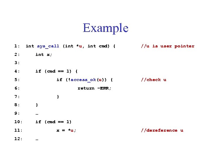 Example 1: 2: int sys_call (int *u, int cmd) { //u is user pointer