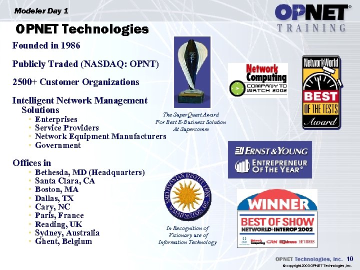 Modeler Day 1 OPNET Technologies Founded in 1986 Publicly Traded (NASDAQ: OPNT) 2500+ Customer