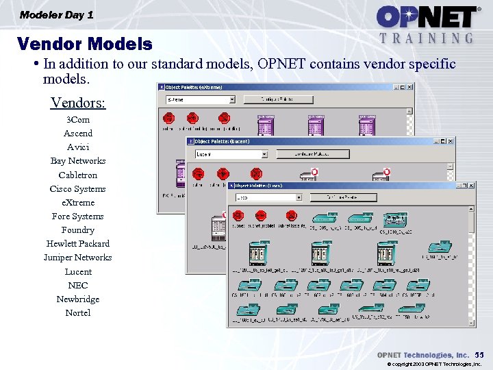 Modeler Day 1 Vendor Models • In addition to our standard models, OPNET contains