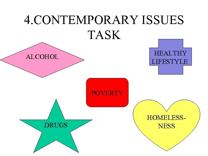 4. CONTEMPORARY ISSUES TASK HEALTHY LIFESTYLE ALCOHOL POVERTY DRUGS HOMELESSNESS 