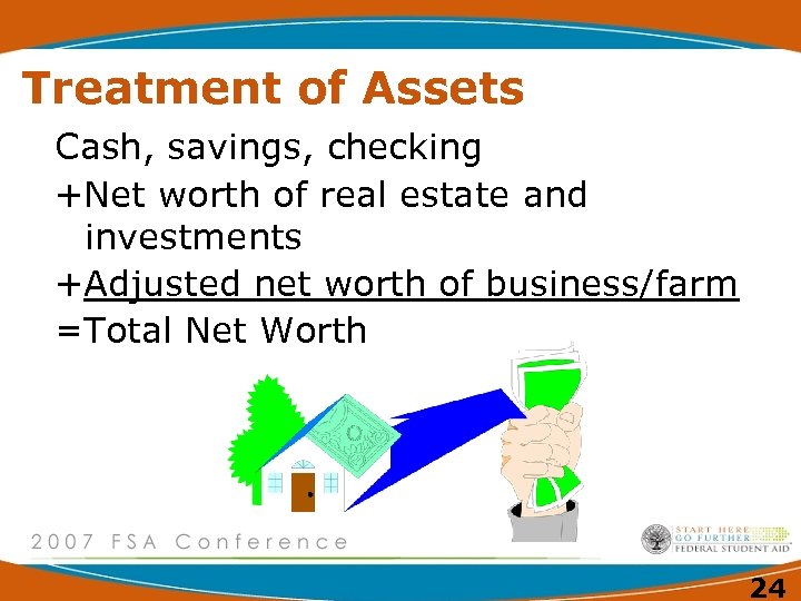 Treatment of Assets Cash, savings, checking +Net worth of real estate and investments +Adjusted