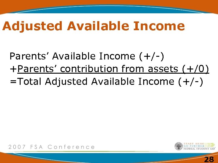 Adjusted Available Income Parents’ Available Income (+/-) +Parents’ contribution from assets (+/0) =Total Adjusted