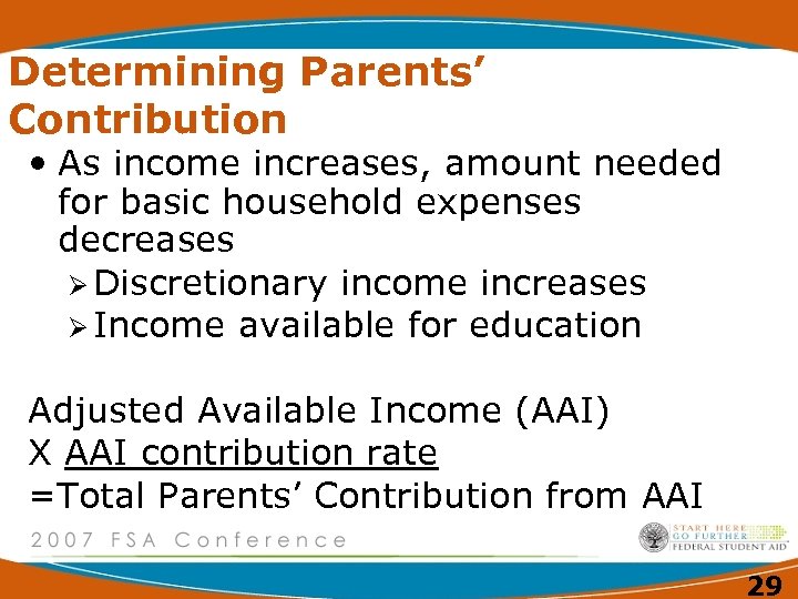 Determining Parents’ Contribution • As income increases, amount needed for basic household expenses decreases