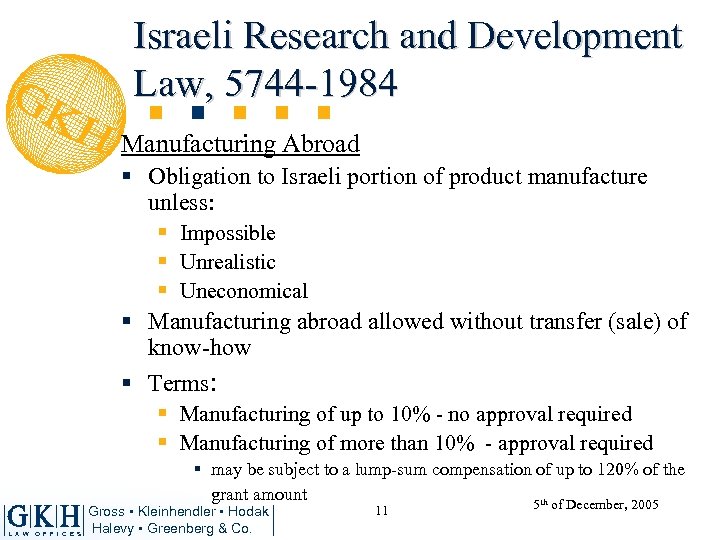Israeli Research and Development Law, 5744 -1984 Manufacturing Abroad § Obligation to Israeli portion