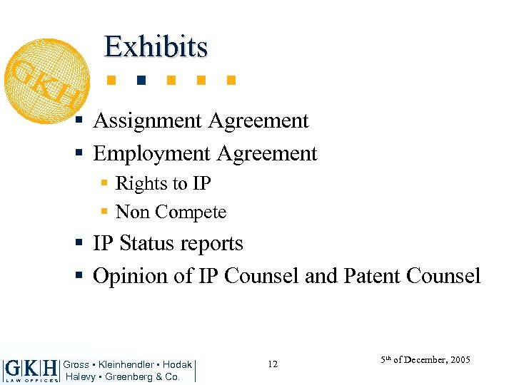 Exhibits § Assignment Agreement § Employment Agreement § Rights to IP § Non Compete