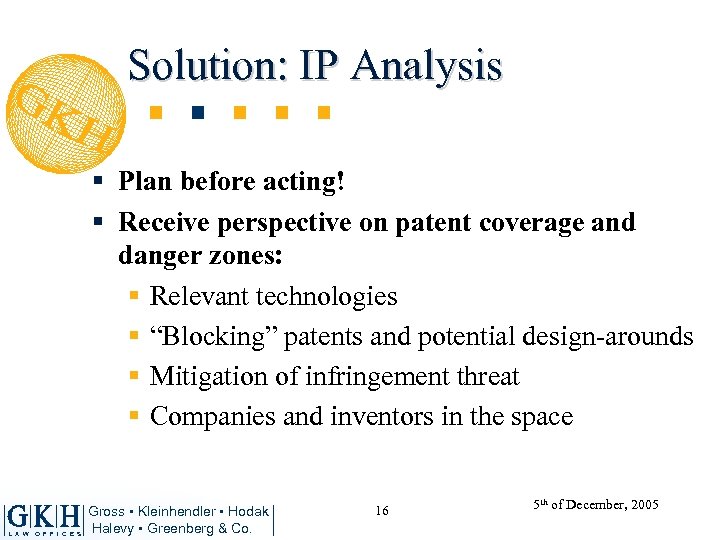 Solution: IP Analysis § Plan before acting! § Receive perspective on patent coverage and