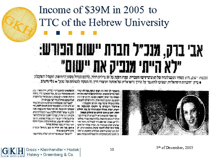Income of $39 M in 2005 to TTC of the Hebrew University L A